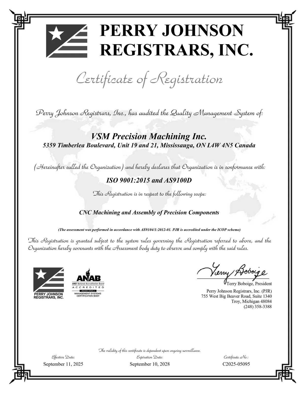 ISO 9001:2015 and AS9100D certificate of registration